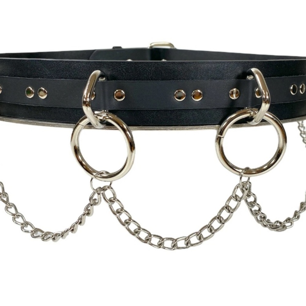 Heavy Black  Leather Belt with Silver Chains